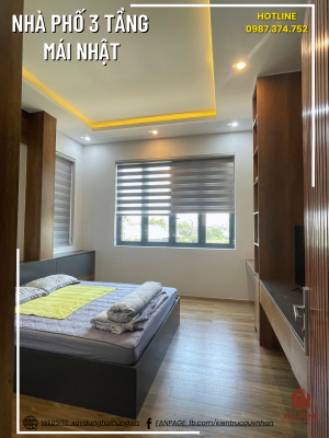 Phòng ngủ và không gian sinh hoạt của ngôi nhà phố mái Nhật 3 tầng 