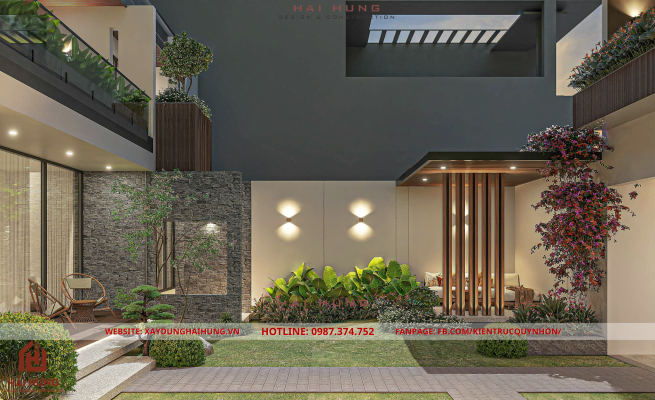 Vách tường ốp đá và khu vườn xanh mát của thiết kế villa mái nhật hiện đại 