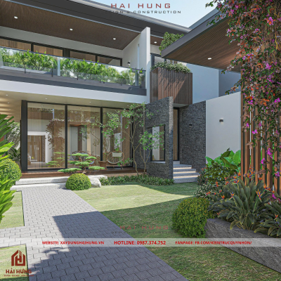 Vách tường ốp đá và khu vườn xanh mát của thiết kế villa mái nhật hiện đại 