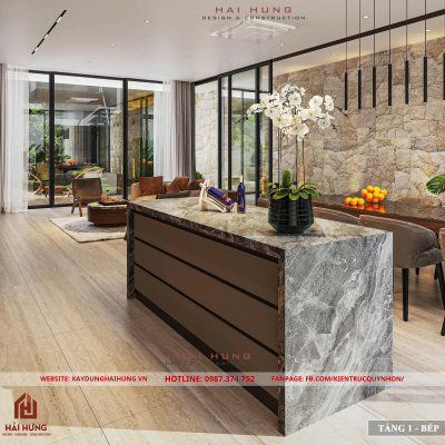 Phòng khách và khu bếp liên thông của thiết kế villa mái nhật đẹp hiện đại