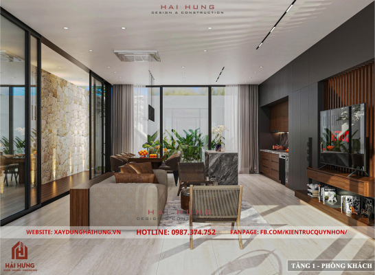 Phòng khách và khu bếp liên thông của thiết kế villa mái nhật đẹp hiện đại