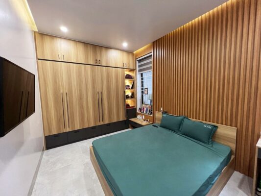 Nội thất phòng ngủ chất liệu gỗ trầm ấm 