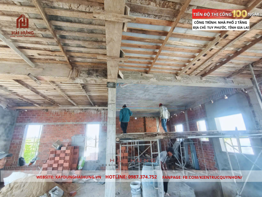 Mời mọi người cùng xem qua đầy đủ các hình ảnh về quá trình 100 ngày thi công nhà phố mái Nhật 2 tầng tại Tuy Phước, Gia Lai