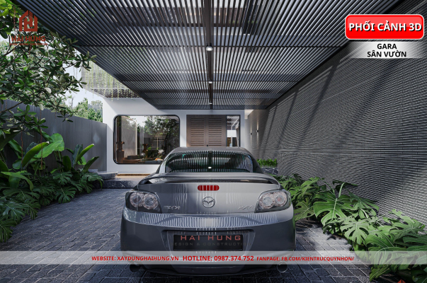 Khu vực gara và sân vườn tiểu cảnh hồ cá koi trong nhà phố 3 tầng đẹp anh CAO SON