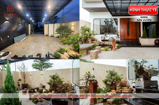 Khu vực gara và sân vườn tiểu cảnh hồ cá koi trong nhà phố 3 tầng đẹp anh CAO SON