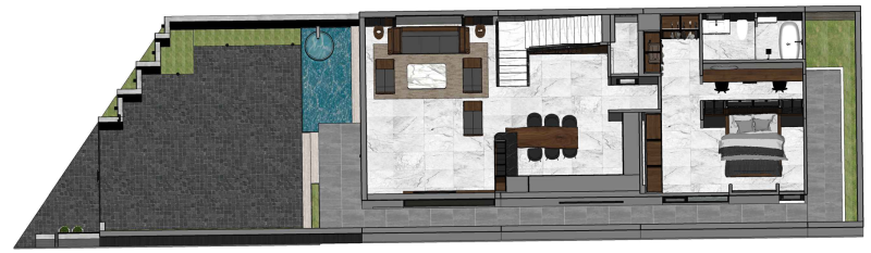 Mẫu bản vẽ thiết kế nhà phố hiện đại đẹp mới nhất , mặt bằng phối cảnh tầng 1.webp