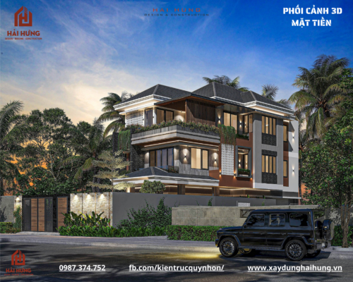 Kiến trúc mặt tiền 3D Biệt Thự Vườn Mái Nhật 257 m2 tại TX. An Nhơn , Bình Định