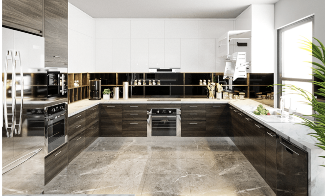 Thiết kế nội thất phòng ăn theo hình dáng bếp chữ U