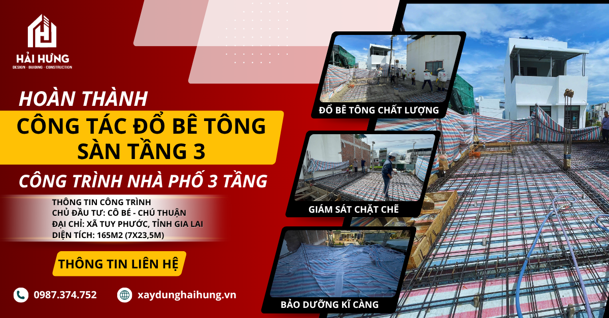 Hoàn thành công tác đổ bê tông sàn tầng 2 nhà phố 3 tầng bằng bê tông thương phẩm