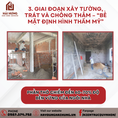Giai đoạn xây tường, trát và chống thấm – bề mặt định hình thẩm mỹ khi xây nhà