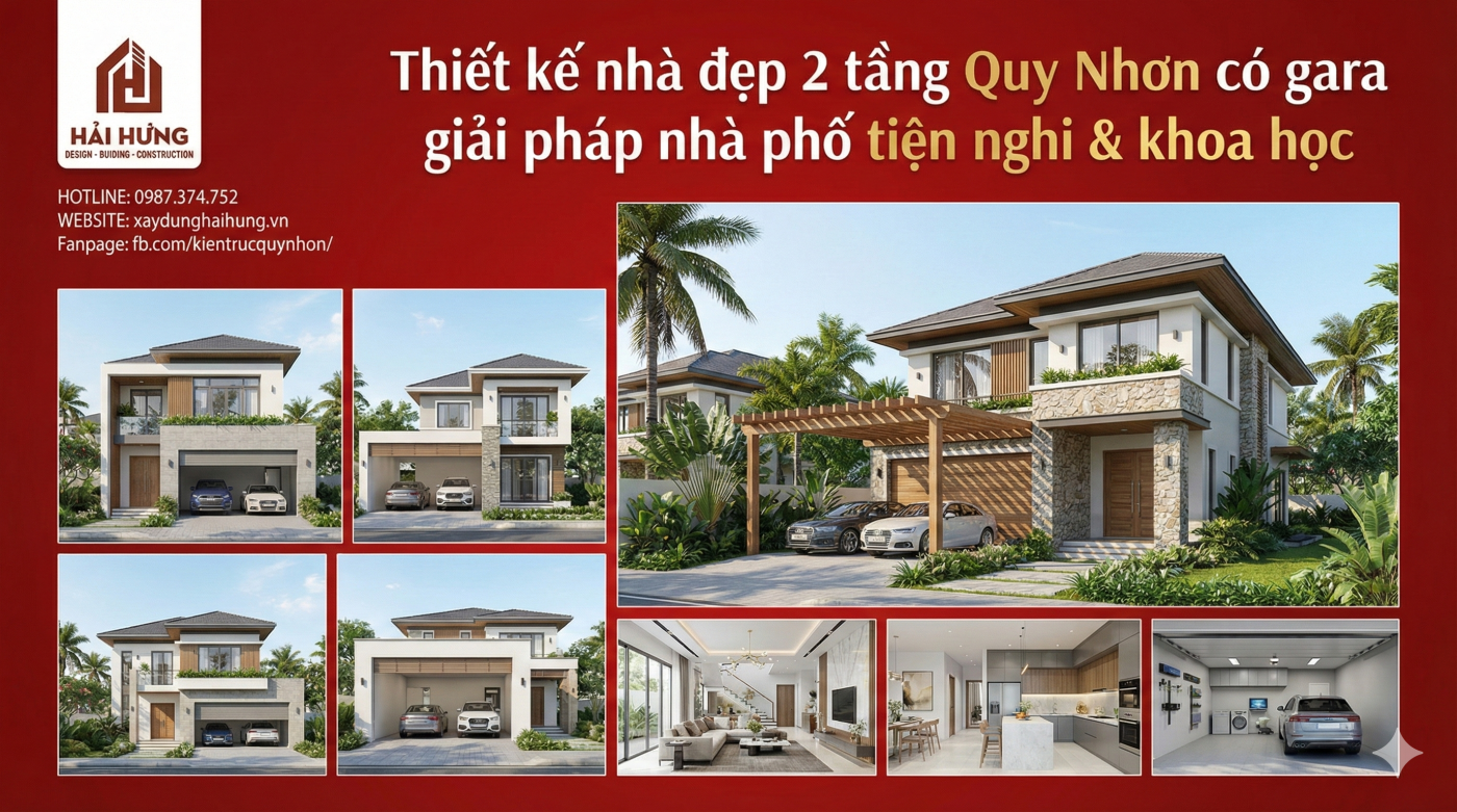 Thiết kế nhà đẹp 2 tầng Quy Nhơn có gara giải pháp nhà phố tiện nghi & khoa học.webp