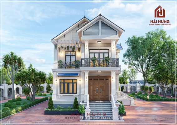 Thiết kế nhà đẹp 2 tầng tân cổ điển có gara