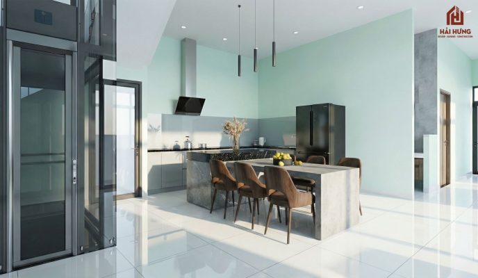 Phòng bếp dự án xây nhà trọn gói với mẫu nhà phố 3 tầng mới nhất 2026
